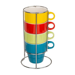 Комплект керамични чаши с метална стойка, 4 цвята