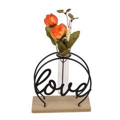 Метална стойка за цветя с дървена основа Love