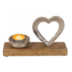 Метална поставка за чаени свещи със сърце върху дървена основа