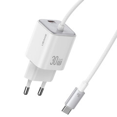 Бързо зарядно устройство USAMS CC264 30W GaN Mini Dual-port Fast Charger With Cable, бяло