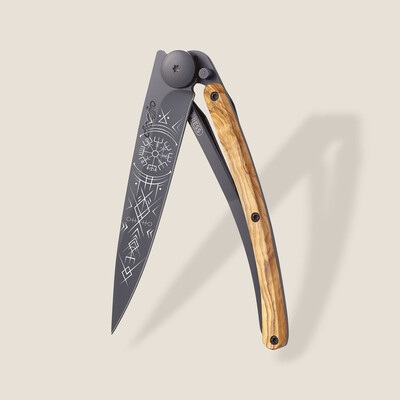 Джобен нож Deejo 37g, Olive wood / Viking Vegvisir