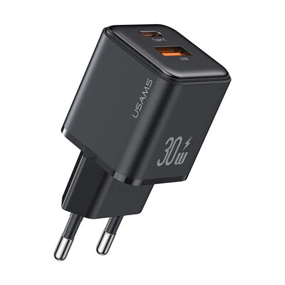 Бързо зарядно устройство Usams PD30W+QC3.0 A+C Dual-port, черен
