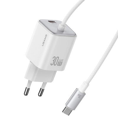 Бързо зарядно устройство USAMS CC264 30W GaN Mini Dual-port Fast Charger With Cable, бяло